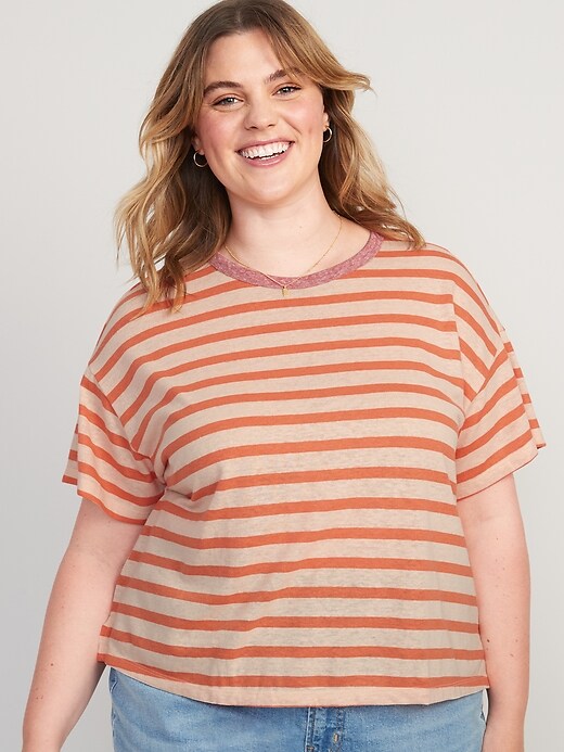 Image number 7 showing, Short-Sleeve Oversized Cropped Striped Linen-Blend T-Shirt