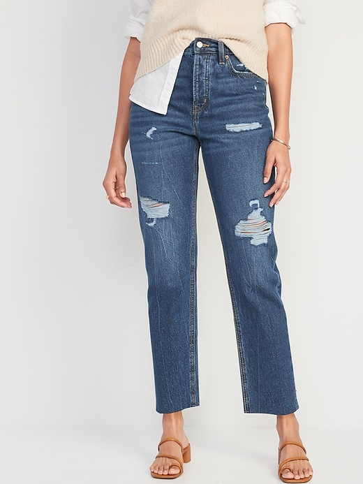 Image number 1 showing, Extra High-Waisted Button-Fly Sky-Hi Straight Cut-Off Non-Stretch Jeans for Women