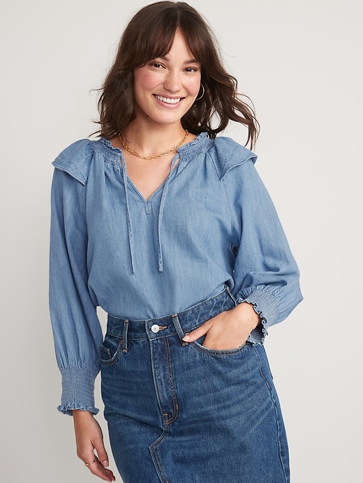 Image number 1 showing, Puff-Sleeve Non-Stretch Jean Ruffle-Trimmed Poet Blouse for Women