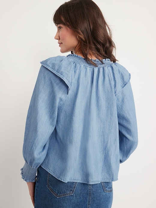 Image number 2 showing, Puff-Sleeve Non-Stretch Jean Ruffle-Trimmed Poet Blouse for Women