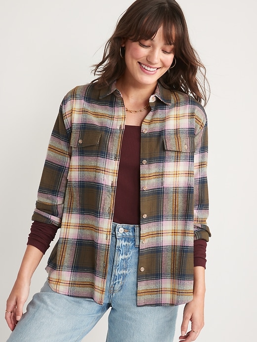 Image number 1 showing, Long-Sleeve Plaid Flannel Boyfriend Tunic Shirt for Women