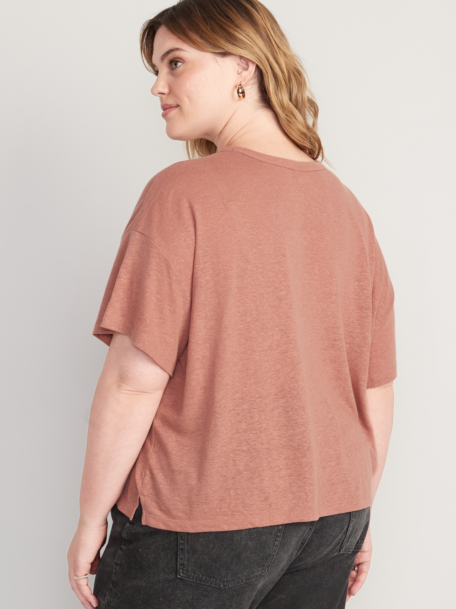 Elbow-Sleeve Oversized Linen-Blend T-Shirt for Women