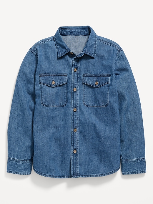 View large product image 2 of 3. Long-Sleeve Button-Down Jean Utility Pocket Shirt for Boys