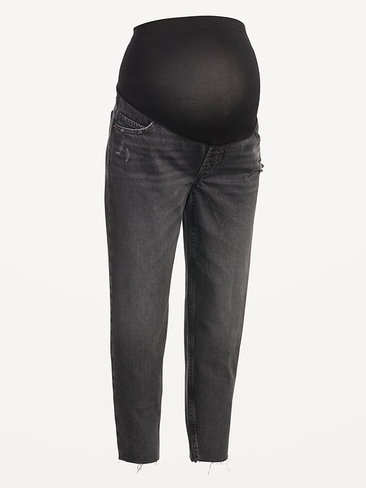 Image number 4 showing, Maternity Full-Panel Slouchy Taper Black Cut-Off Jeans