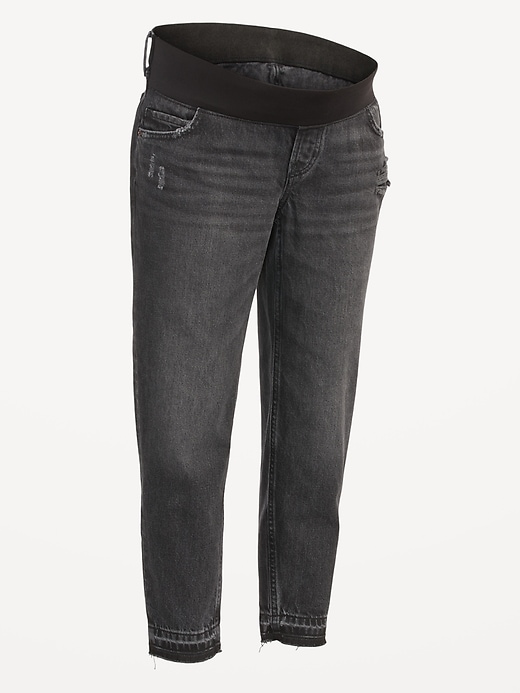 Image number 4 showing, Maternity Front Low Panel Slouchy Straight Black Cut-Off Jeans