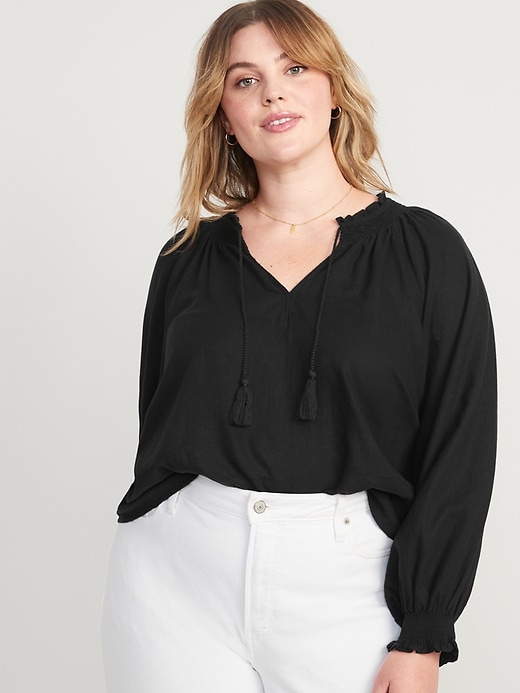 Oversized Long-Sleeve Smocked Linen-Blend Top for Women | Old Navy