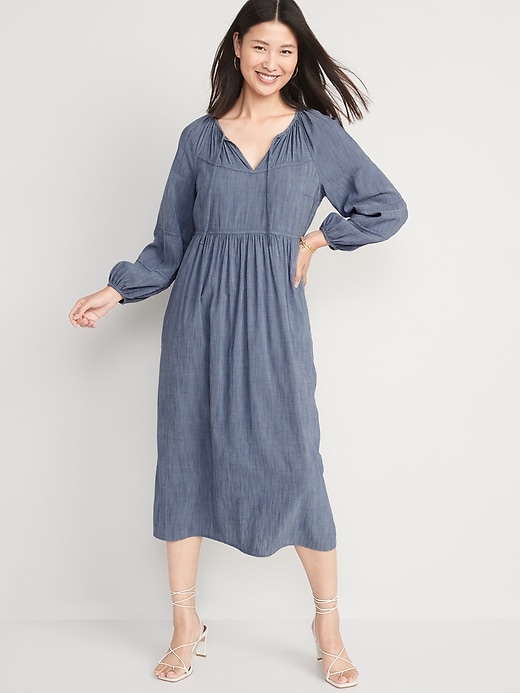 Image number 1 showing, Long-Sleeve Chambray All-Day Midi Swing Dress for Women