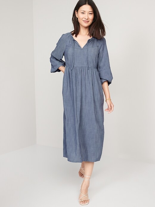 Image number 3 showing, Long-Sleeve Chambray All-Day Midi Swing Dress
