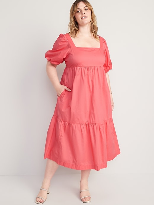 Image number 7 showing, Fit & Flare Puff-Sleeve Cotton-Poplin Smocked All-Day Midi Dress for Women