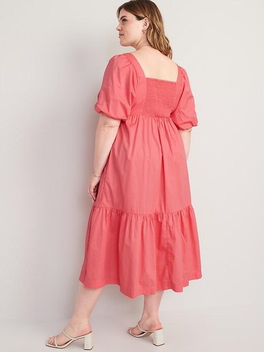 Image number 8 showing, Fit & Flare Puff-Sleeve Cotton-Poplin Smocked All-Day Midi Dress for Women