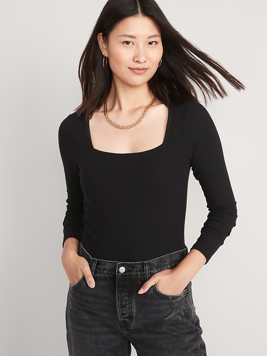 Image number 1 showing, Long-Sleeve Square-Neck Rib-Knit Bodysuit for Women