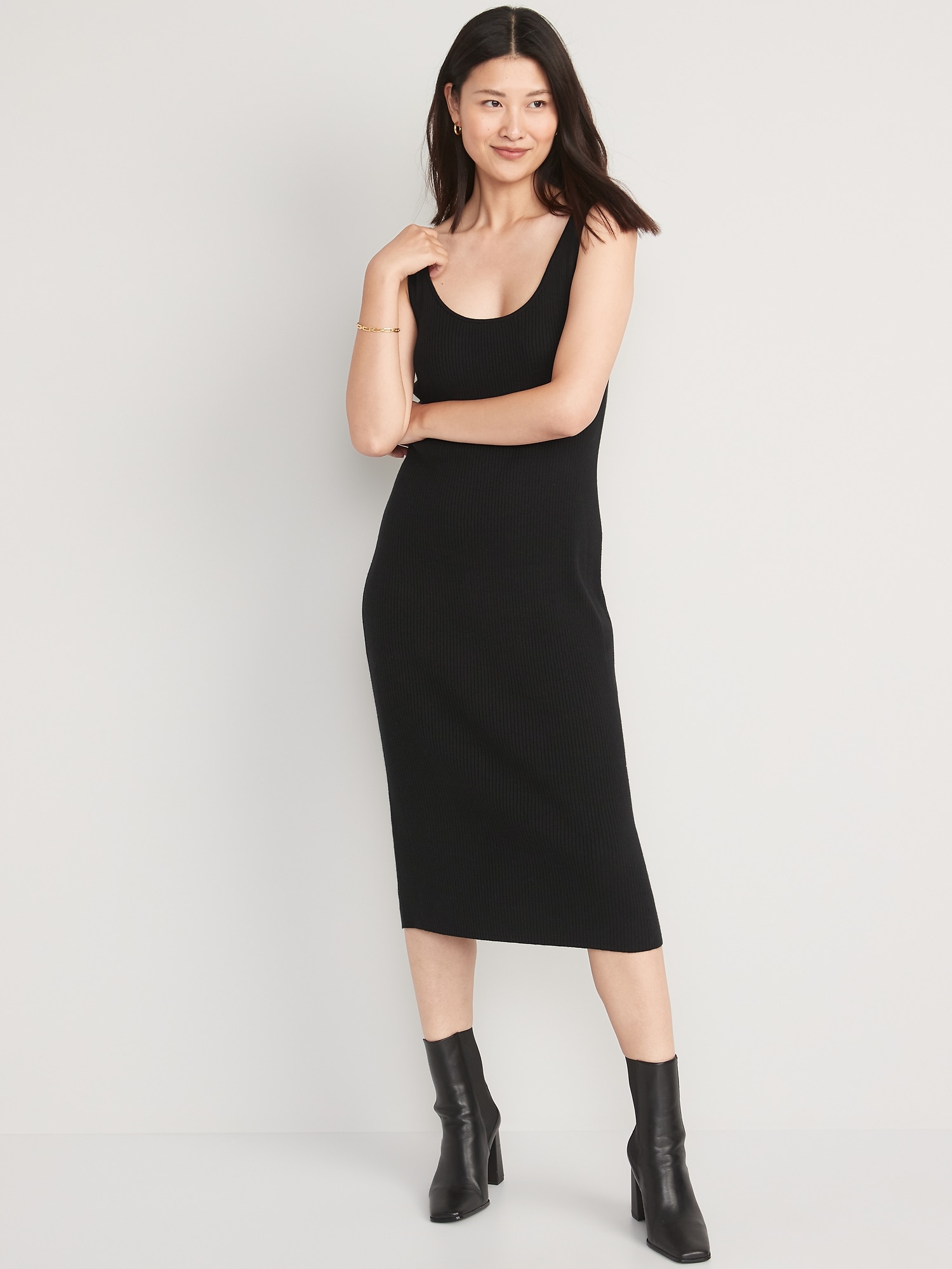 Old Navy Fitted Rib-Knit Midi Tank Sweater Dress for Women black. 1