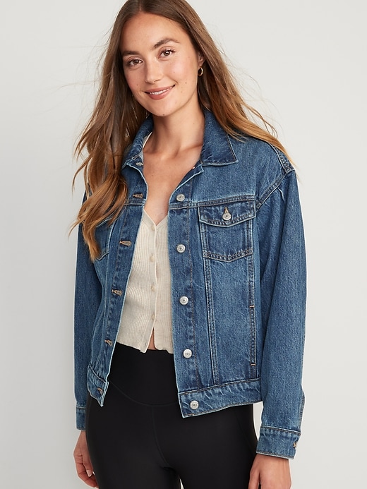 Image number 1 showing, Tapered Puff-Sleeve Non-Stretch Jean Jacket for Women