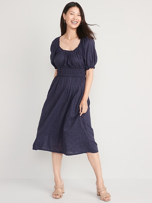 Image number 1 showing, Waist-Defined Puff-Sleeve Embroidered Midi Dress for Women