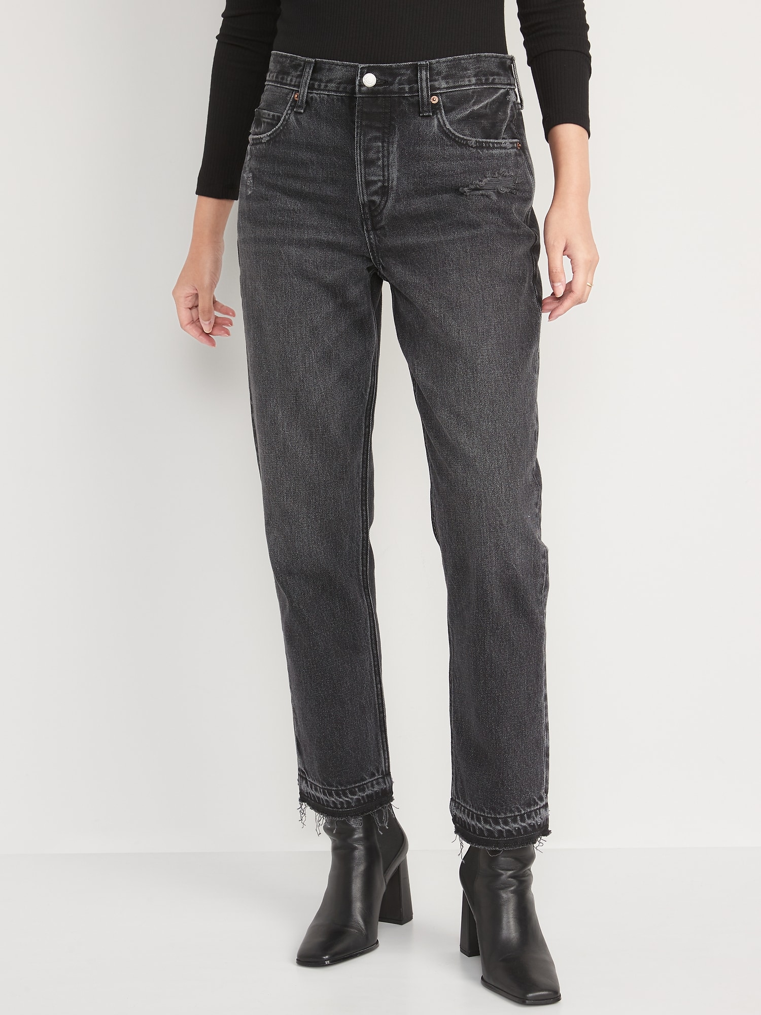Old Navy High-Waisted Button-Fly Slouchy Straight Cut-Off Non-Stretch Jeans for Women black. 1