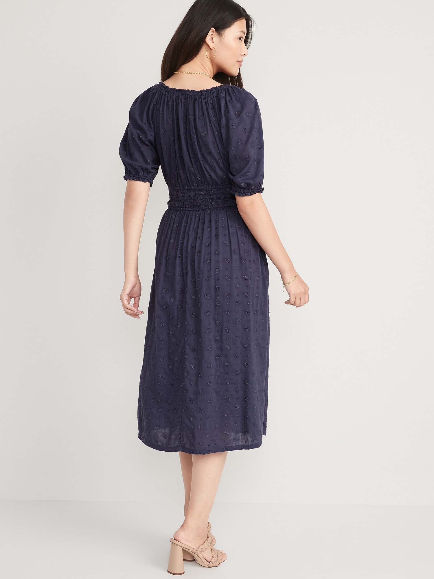 Waist-Defined Puff-Sleeve Embroidered Midi Dress for Women | Old Navy