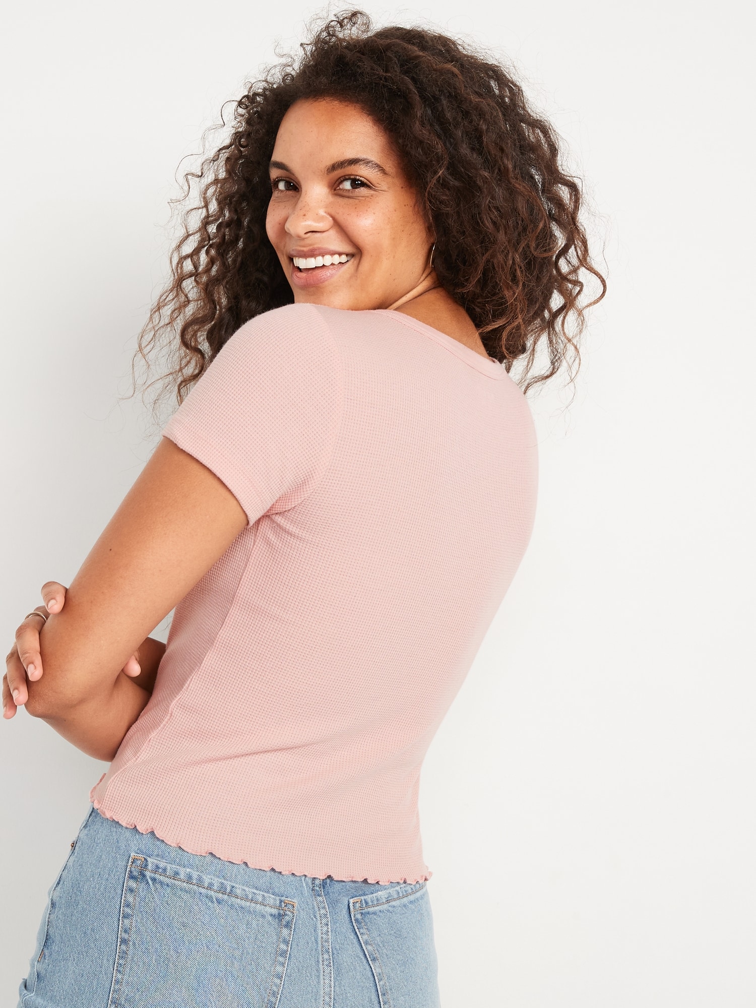 ShortSleeve Cropped LettuceEdge WaffleKnit TShirt for Women Old Navy