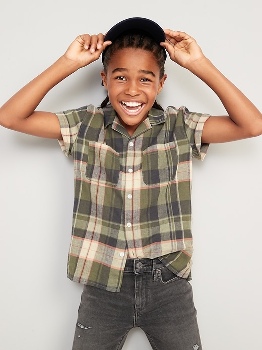 View large product image 1 of 4. Short-Sleeve Matching Plaid Linen-Blend Shirt for Boys