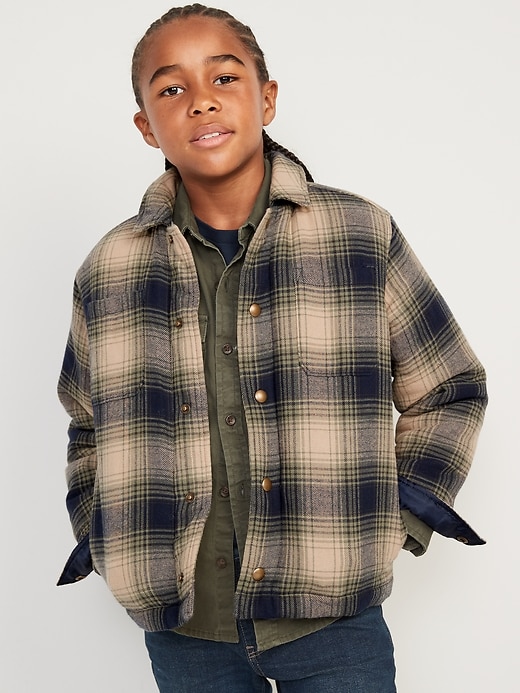 Old Navy Gender-Neutral Cozy Plaid Flannel Sherpa-Lined Shacket for Kids. 1