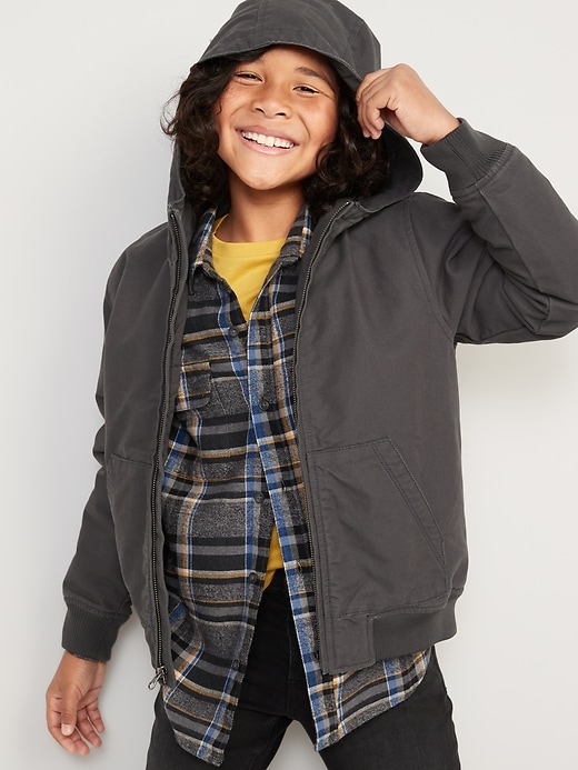 View large product image 1 of 3. Hooded Canvas Utility Bomber Jacket for Boys
