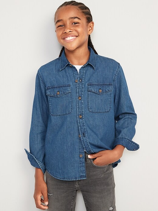 View large product image 1 of 3. Long-Sleeve Button-Down Jean Utility Pocket Shirt for Boys