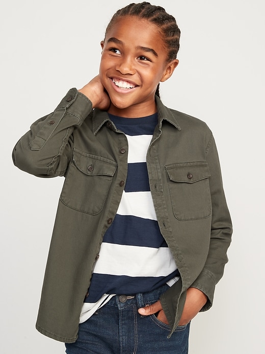 View large product image 1 of 3. Long-Sleeve Twill Button-Down Utility Pocket Shirt for Boys