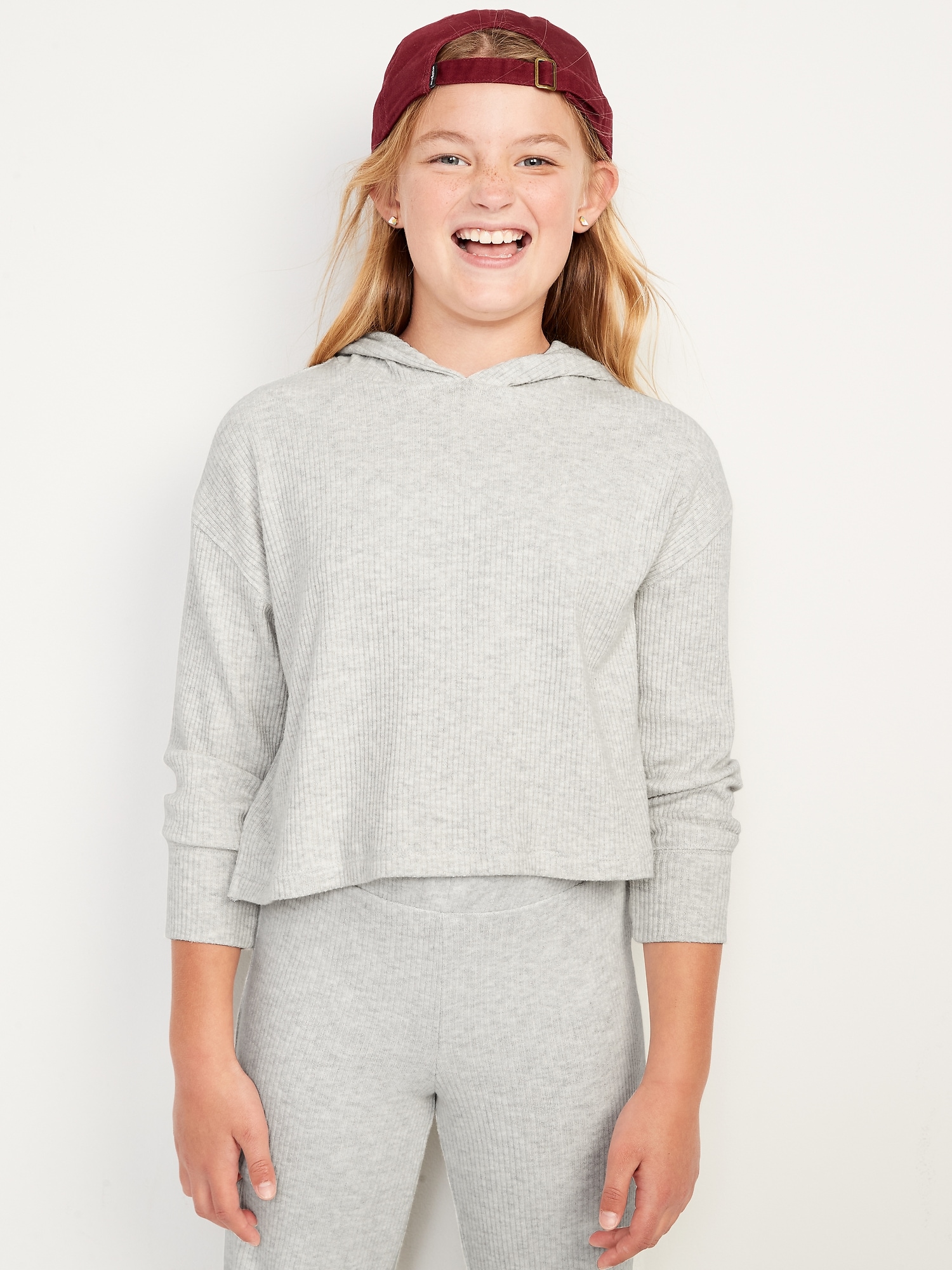 Old Navy Cozy Rib-Knit Pullover Hoodie for Girls gray. 1