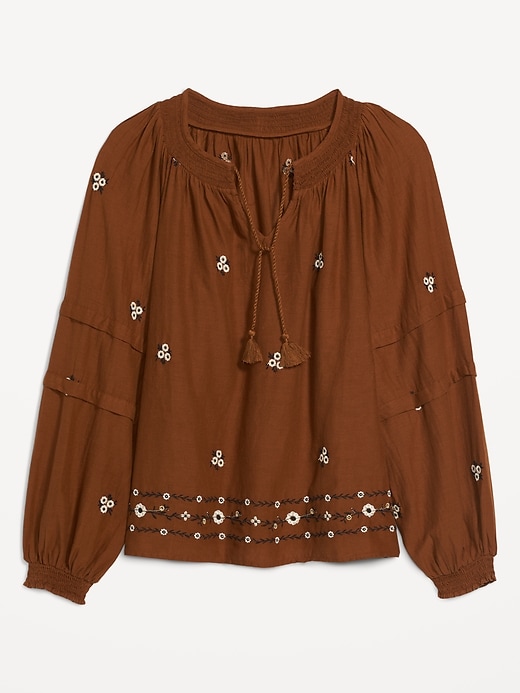 Image number 4 showing, Floral-Embroidered Smocked Tie-Neck Long-Sleeve Top for Women