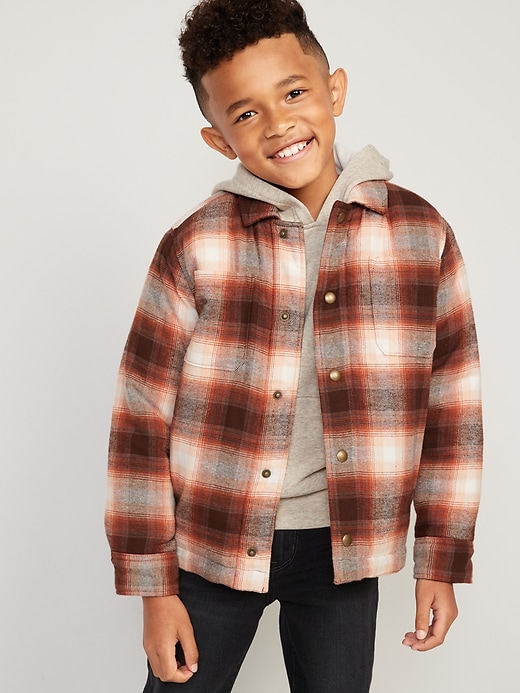 Old Navy Gender-Neutral Cozy Plaid Flannel Sherpa-Lined Shacket for Kids. 1