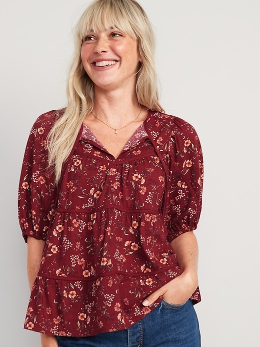 Image number 1 showing, Puff-Sleeve Floral Tiered Swing Blouse for Women