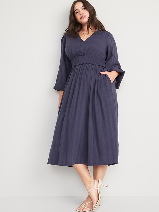 Image number 5 showing, Waist-Defined Puff-Sleeve Smocked Midi Dress for Women