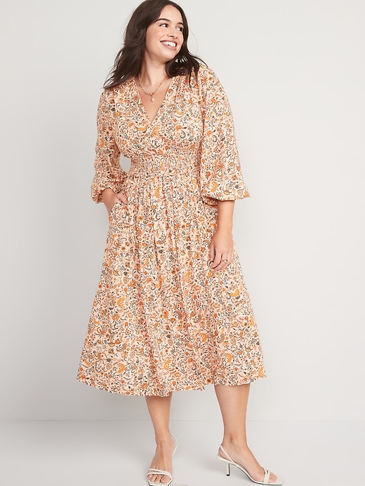 Image number 5 showing, Waist-Defined Puff-Sleeve Floral Smocked Midi Dress for Women