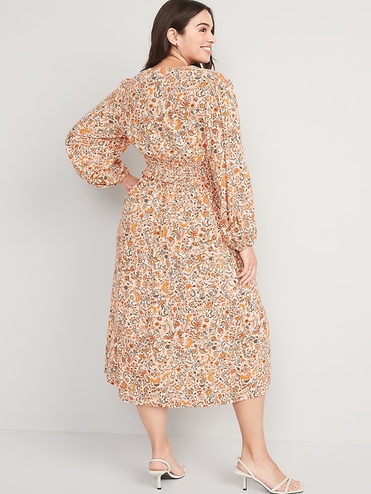 Image number 6 showing, Waist-Defined Puff-Sleeve Floral Smocked Midi Dress