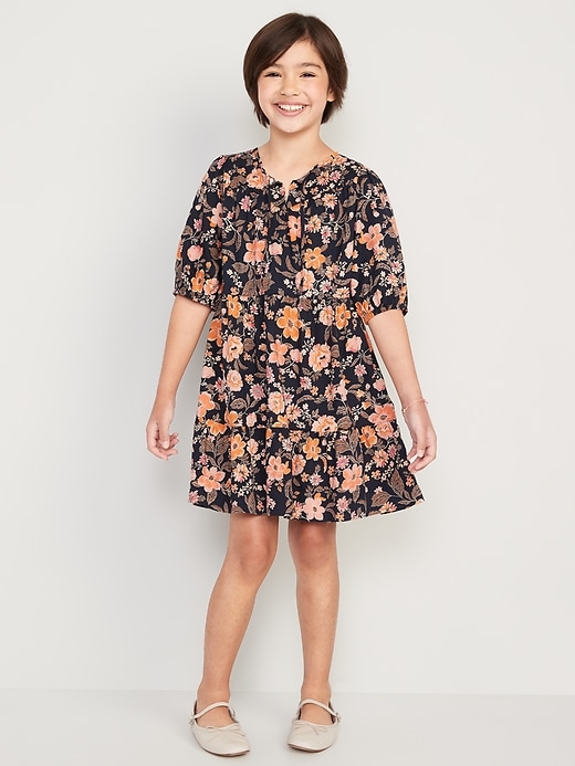 View large product image 1 of 4. Puff-Sleeve Tiered Floral-Print Swing Dress for Girls