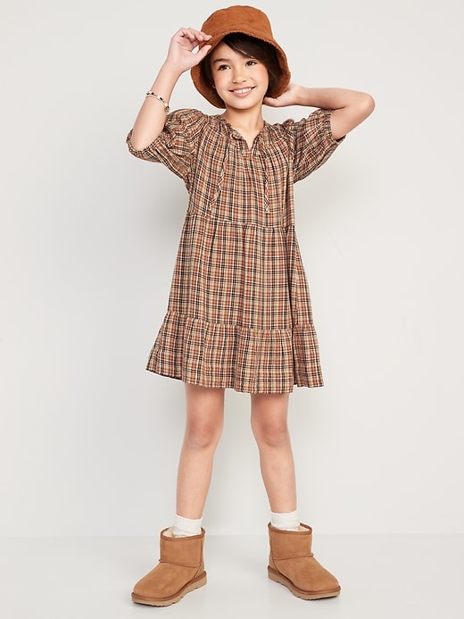 View large product image 1 of 4. Puff-Sleeve Tiered Plaid Tie-Front Dress for Girls