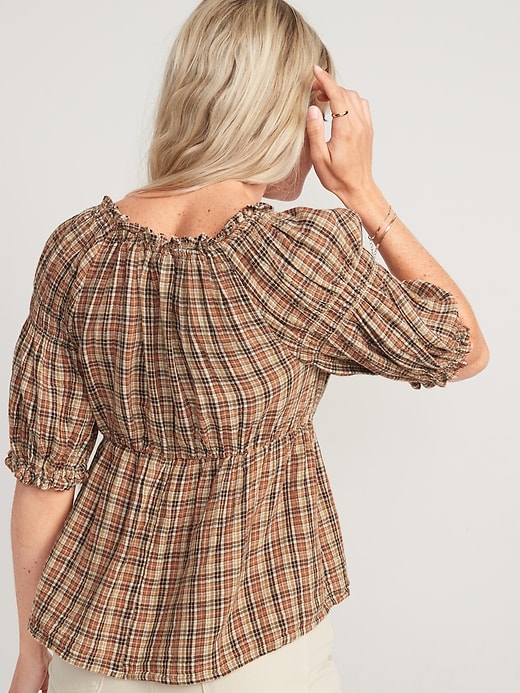 Image number 2 showing, Fitted Puff-Sleeve Plaid Top for Women
