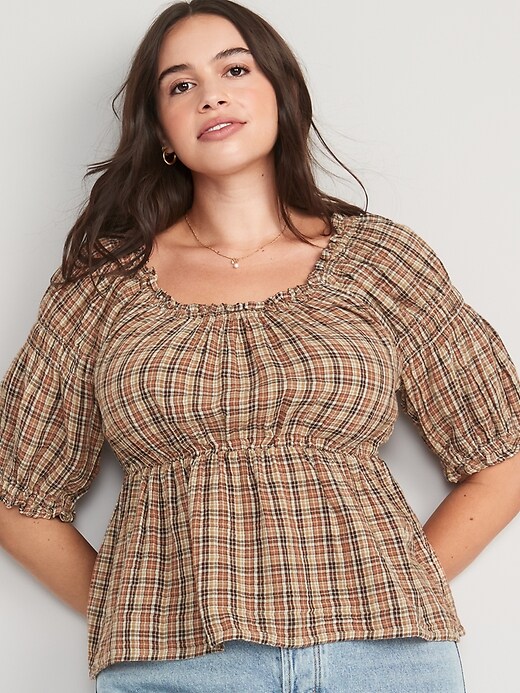 Image number 5 showing, Fitted Puff-Sleeve Plaid Top for Women