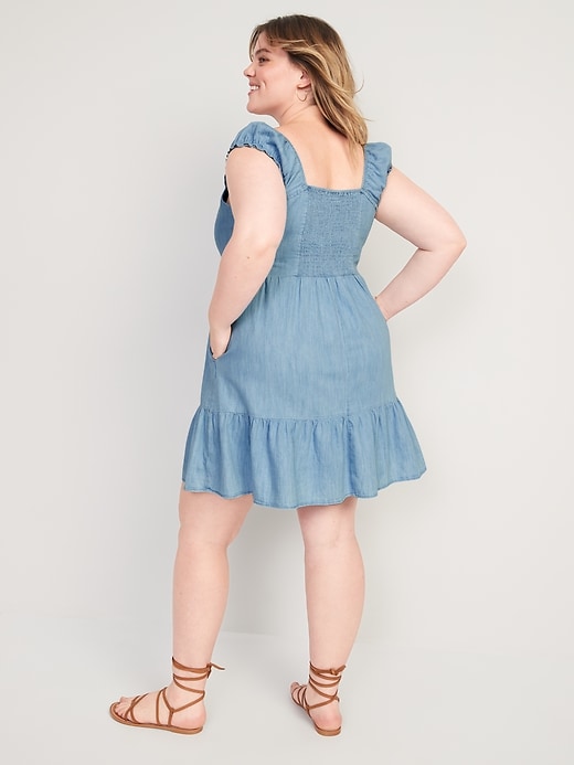 Image number 8 showing, Fit & Flare Puff-Sleeve Smocked Jean Mini Dress
