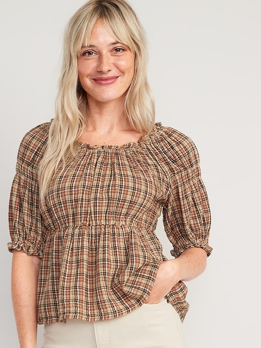 Image number 1 showing, Fitted Puff-Sleeve Plaid Top for Women
