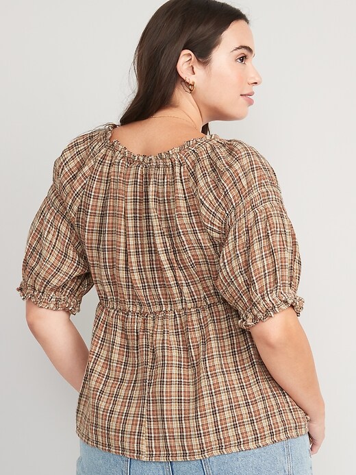 Image number 6 showing, Fitted Puff-Sleeve Plaid Top for Women