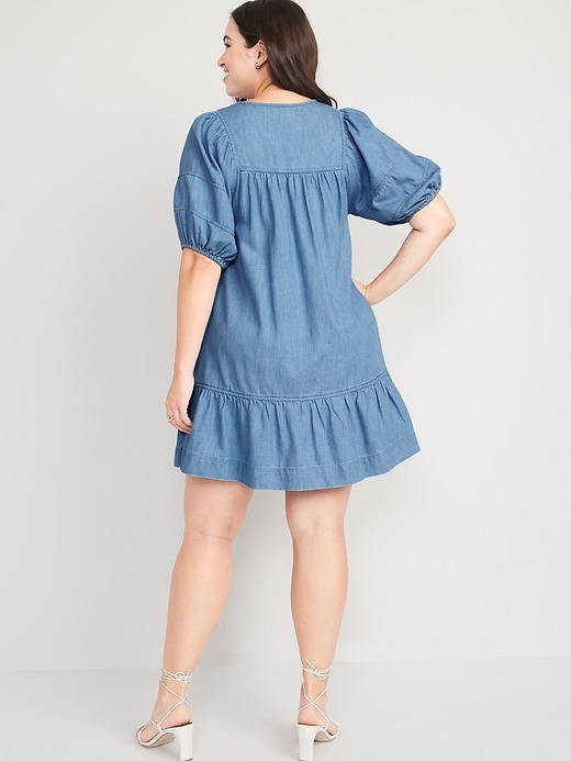 Image number 6 showing, Puff-Sleeve Tie-Neck Chambray All-Day Mini Swing Dress for Women