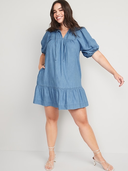Image number 5 showing, Puff-Sleeve Tie-Neck Chambray All-Day Mini Swing Dress for Women