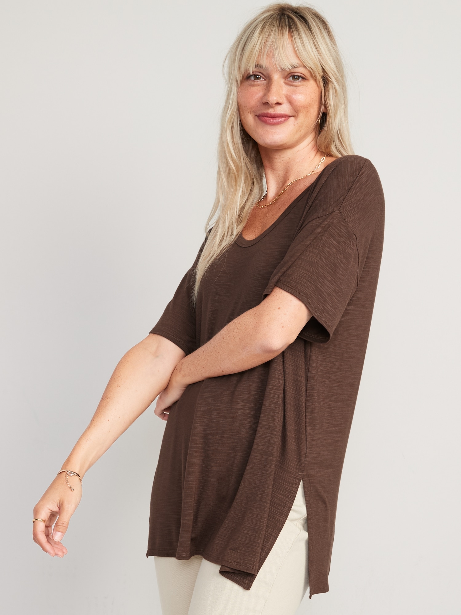 Old Navy Oversized Luxe Slub-Knit Tunic T-Shirt for Women brown. 1