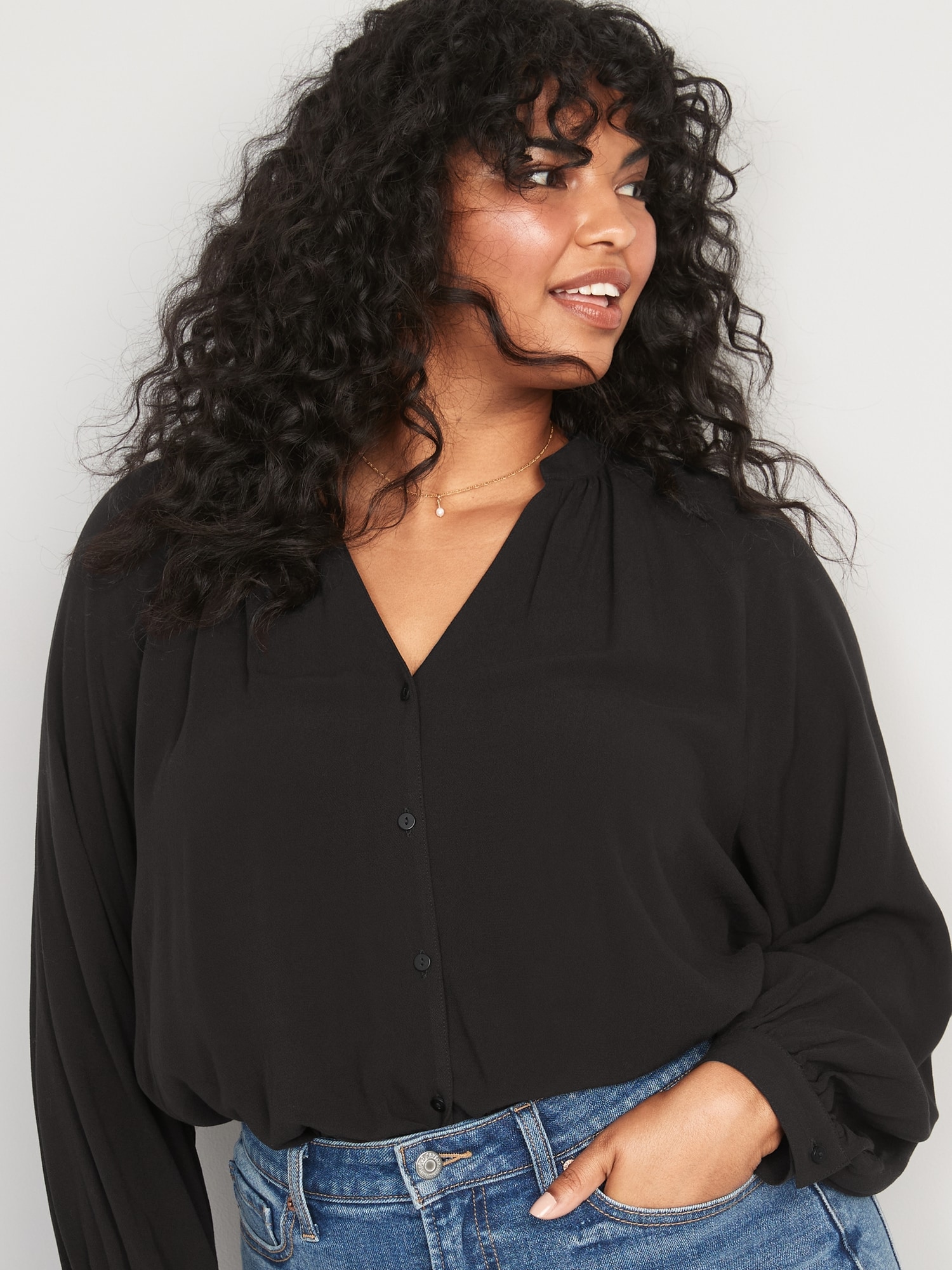 Split-Neck Long-Sleeve Button-Front Blouse for Women