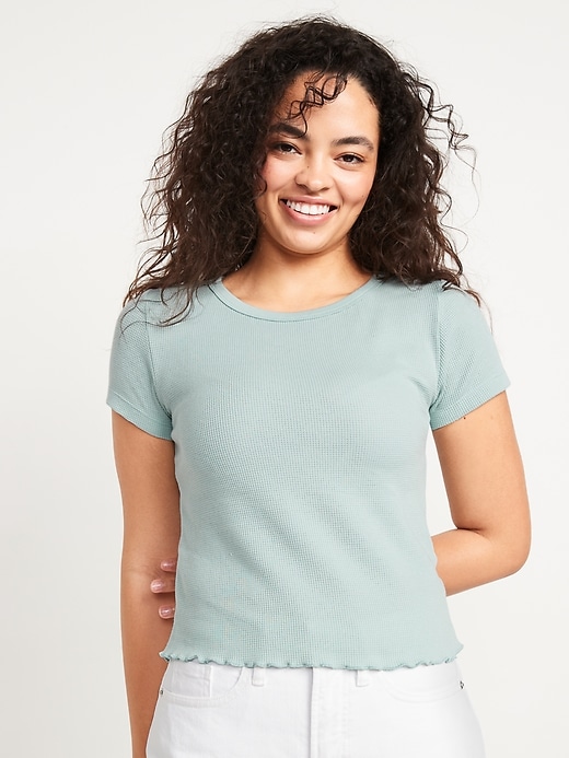 Image number 1 showing, Short-Sleeve Cropped Lettuce-Edge Waffle-Knit T-Shirt for Women