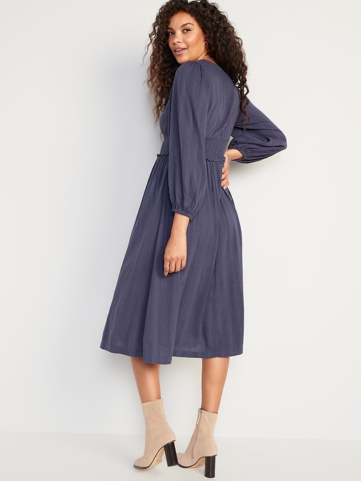 Image number 2 showing, Waist-Defined Puff-Sleeve Smocked Midi Dress for Women