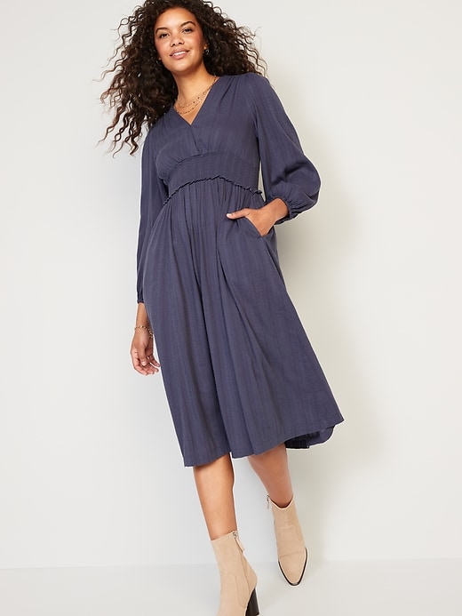 Image number 3 showing, Waist-Defined Puff-Sleeve Smocked Midi Dress for Women