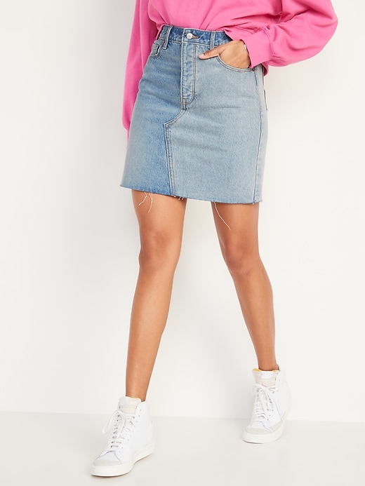 Image number 1 showing, Higher High-Waisted Button-Fly O.G. Straight Non-Stretch Mini Cut-Off Jean Skirt for Women