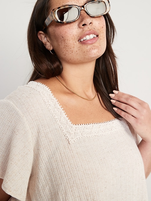 Image number 3 showing, Flutter-Sleeve Crochet Lace-Trimmed Pointelle-Knit Swing Blouse for Women