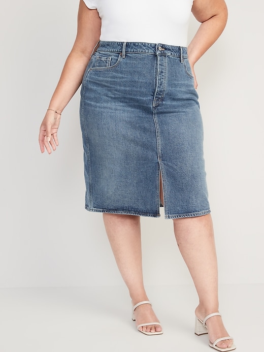 Image number 7 showing, Higher High-Waisted Button-Fly Midi Jean Pencil Skirt for Women